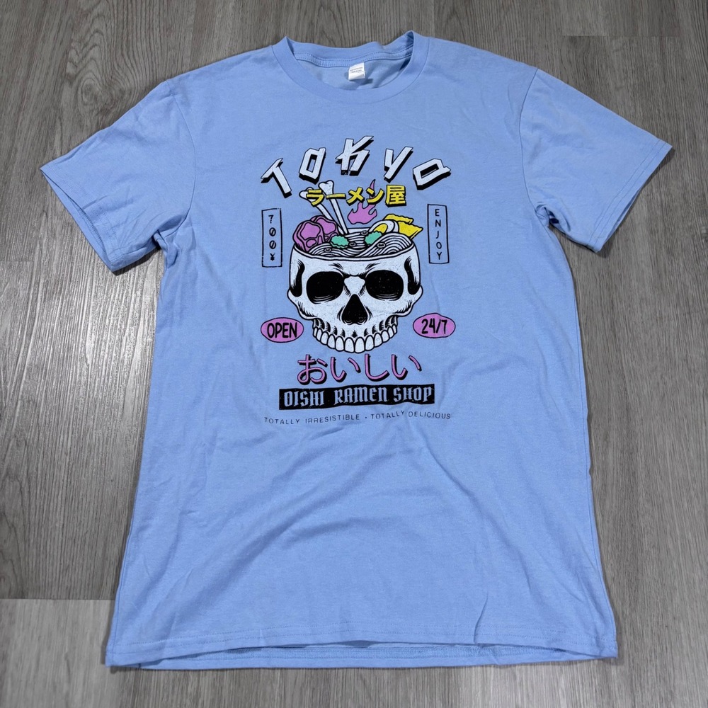 Tokyo Oishi Ramen Shop Skull Graphic T-Shirt Light Blue Mens Medium Grunge